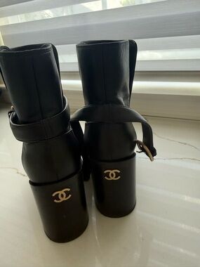 CHANEL Black Leather Ankle Boots with Gold CC Heel
